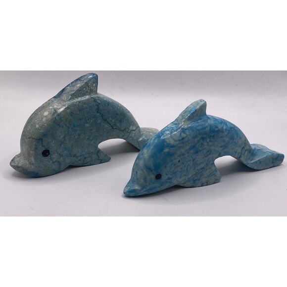 2 VTG  Blue Marble Hand Carved Dolphin Figurines Small Paperweights Desk Pieces - Picture 2 of 14